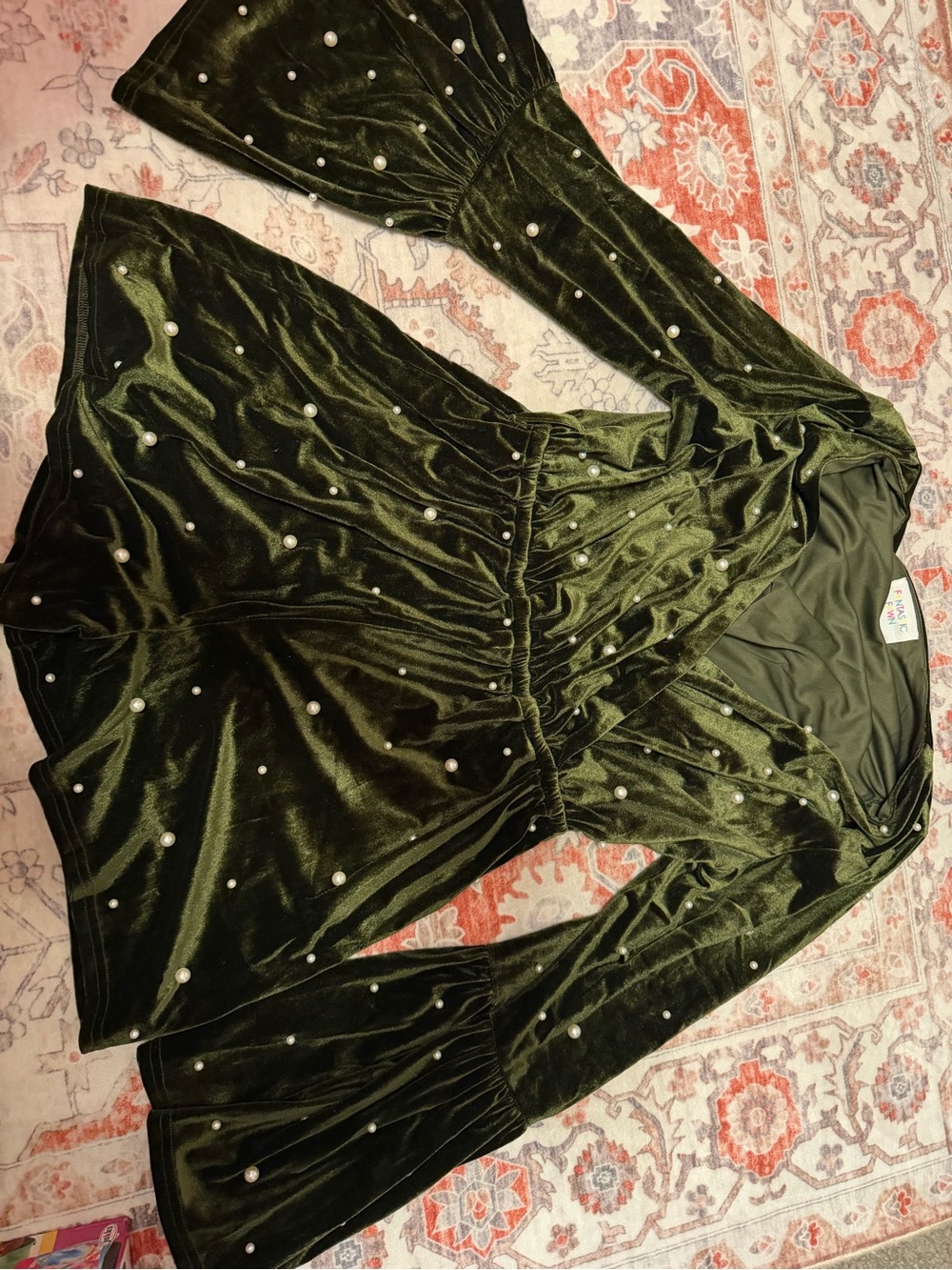 Fantastic Fawn Olive Green Velvet Pearl-Embellished Romper